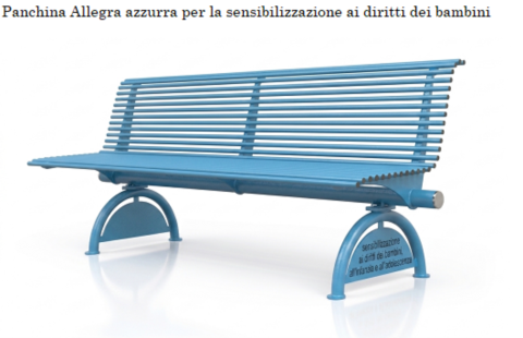 panchina urbana azzurra per la sensibilizzazione ai diritti dei bambini Elux